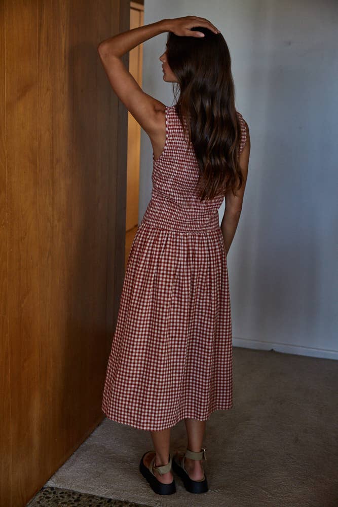 Woven Cotton Gingham Smocked Midi Dress