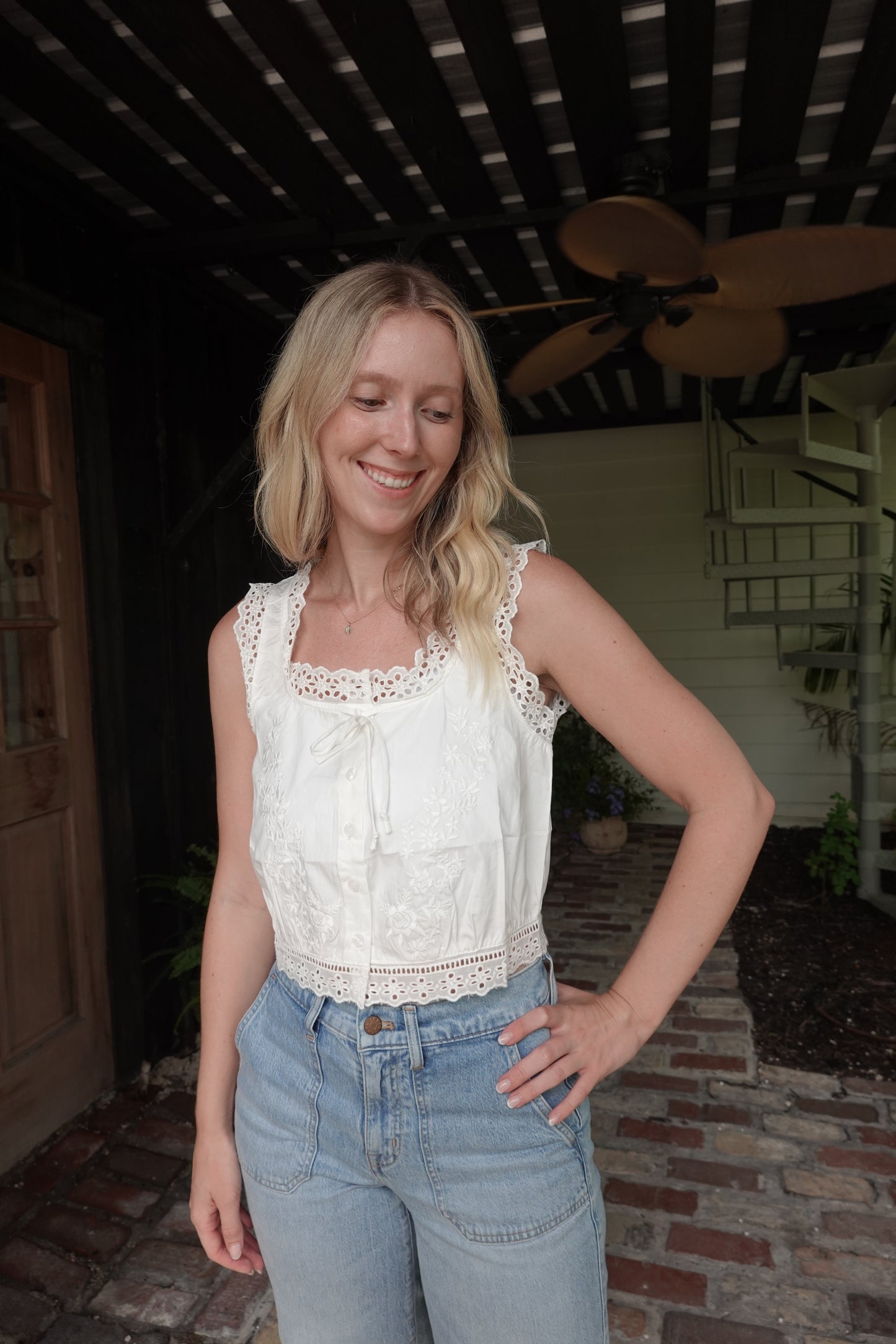 Embroidered Button-Down Sleeveless Top