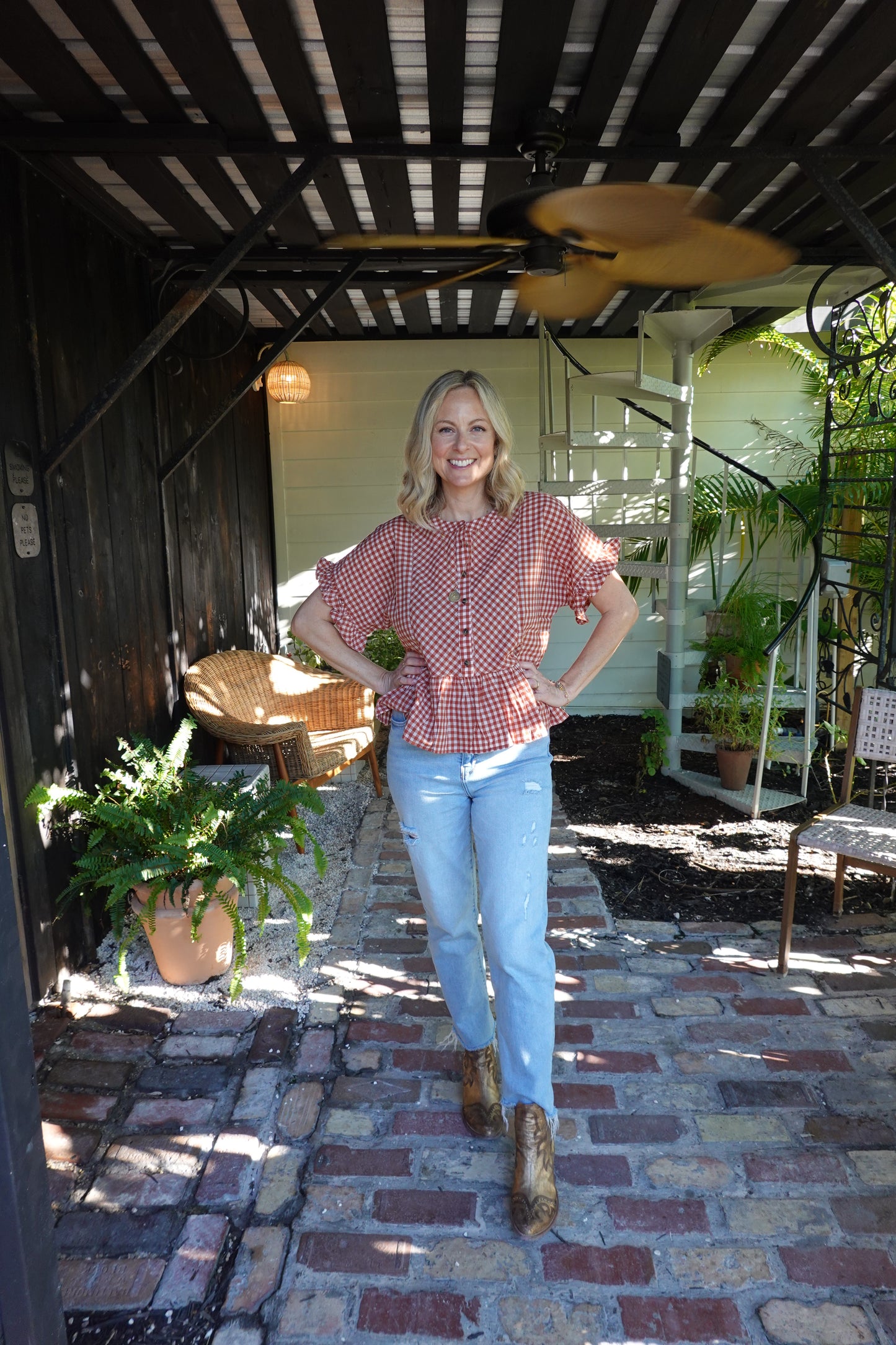 Woven Gingham Ruffle Top