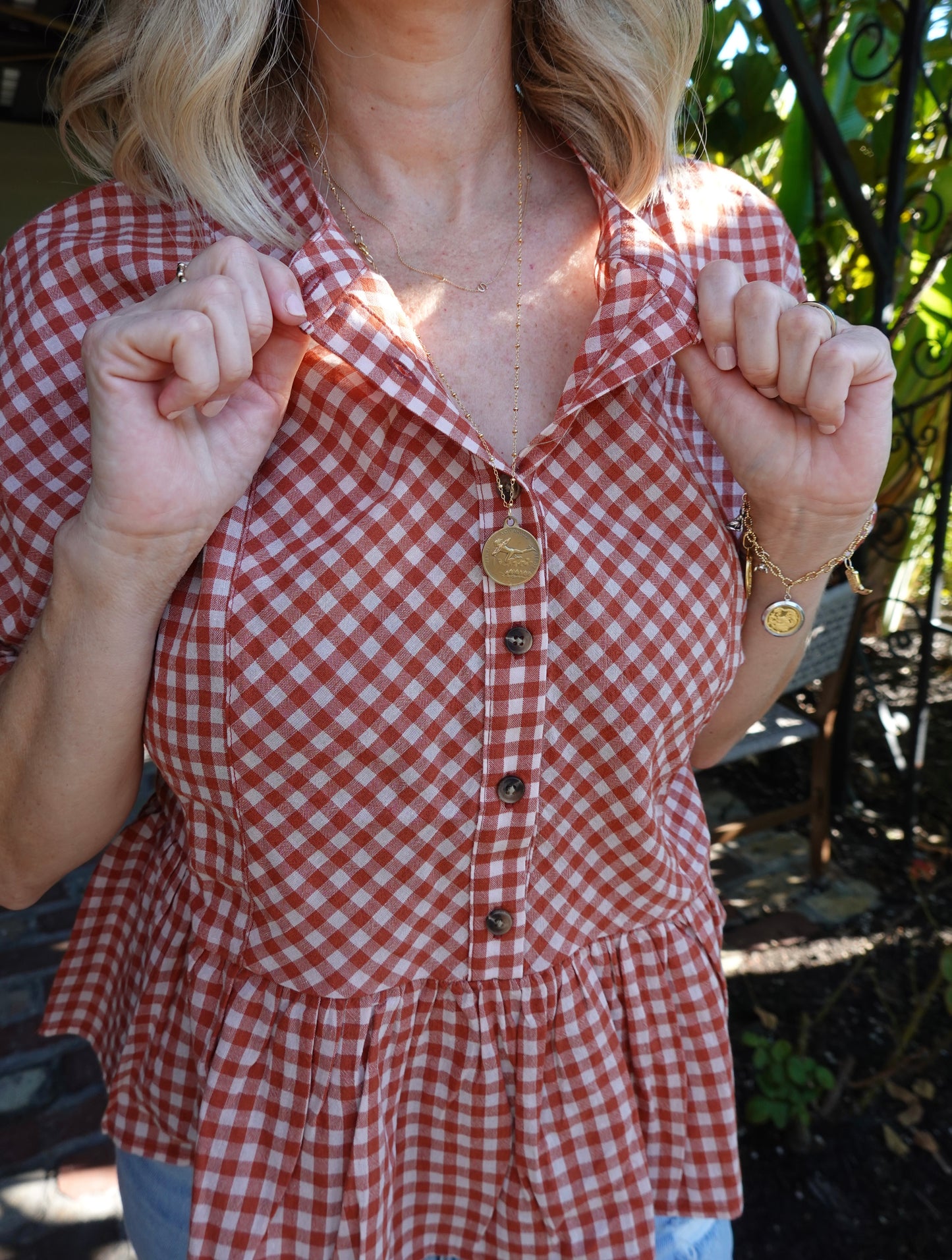 Woven Gingham Ruffle Top