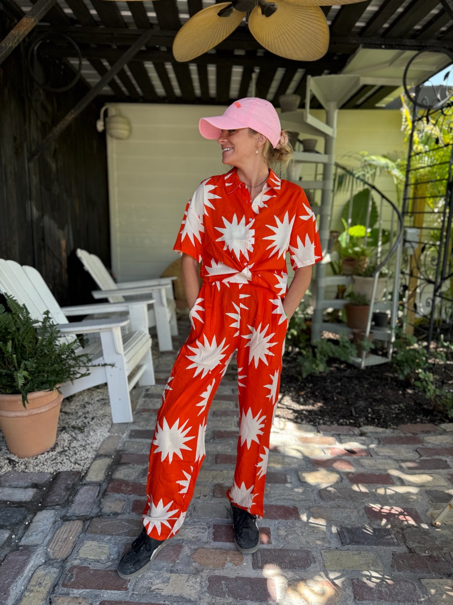 Red-Orange Star Patterned Top