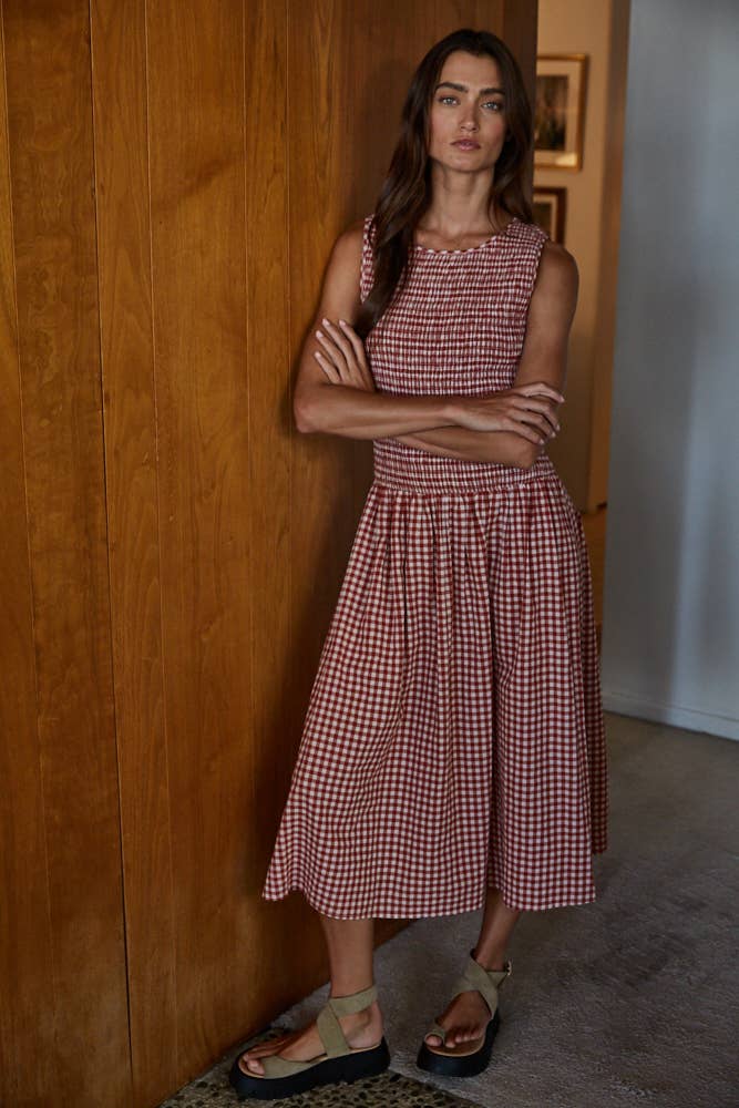 Woven Cotton Gingham Smocked Midi Dress