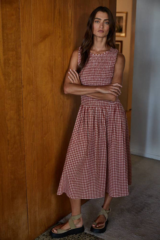 Woven Cotton Gingham Smocked Midi Dress