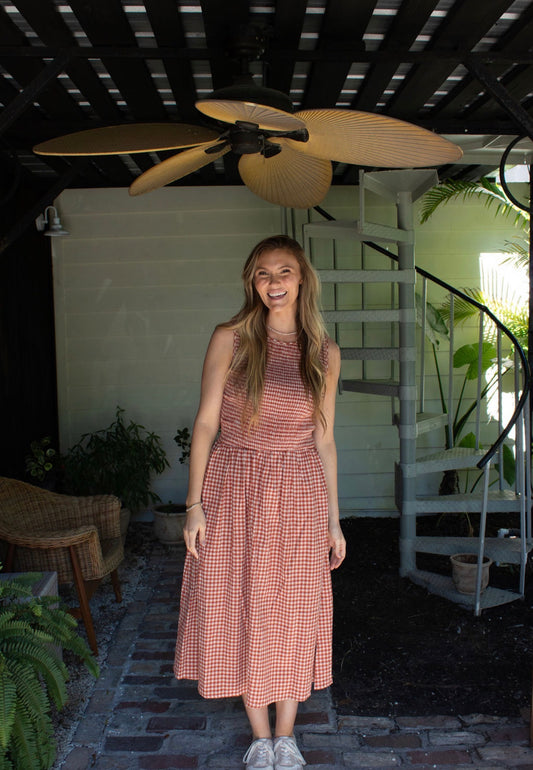 Woven Cotton Gingham Smocked Midi Dress