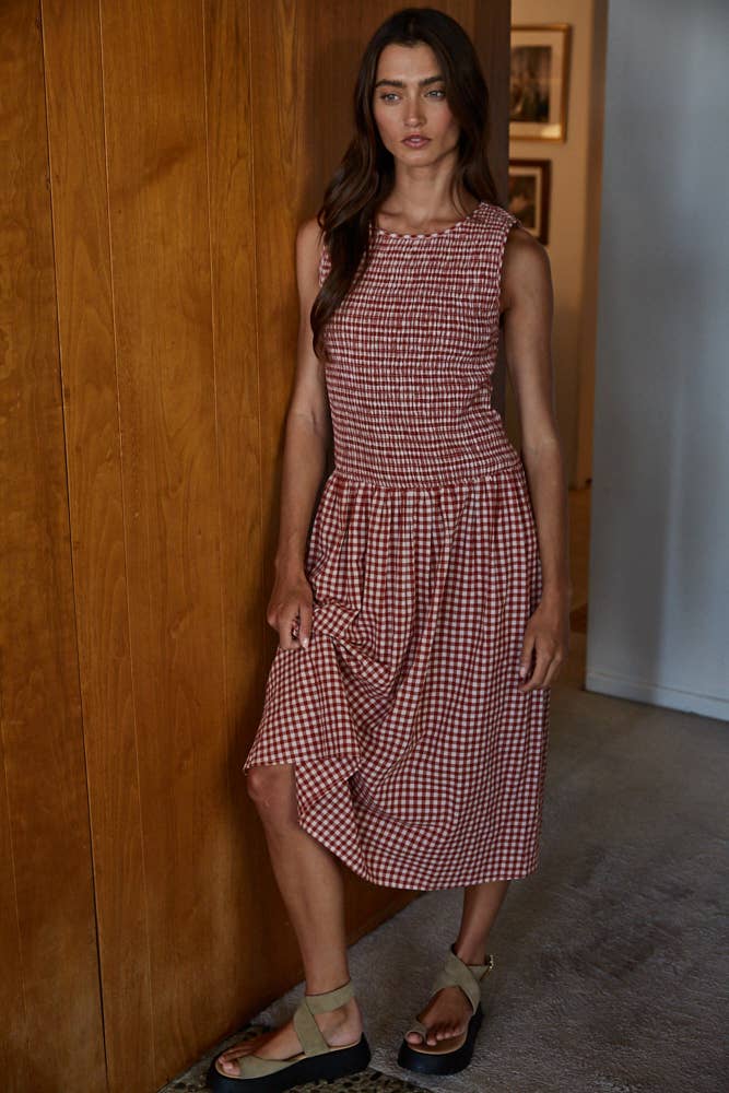 Woven Cotton Gingham Smocked Midi Dress