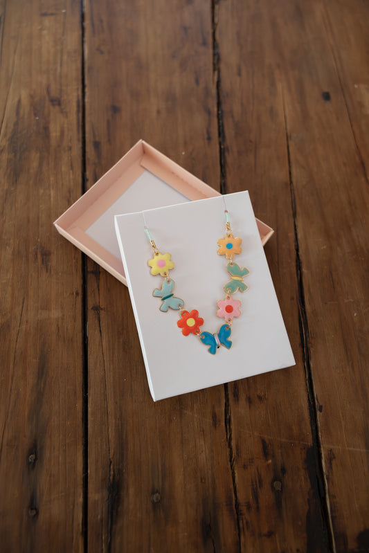 Butterflies & Flowers Enamel Charm Necklace