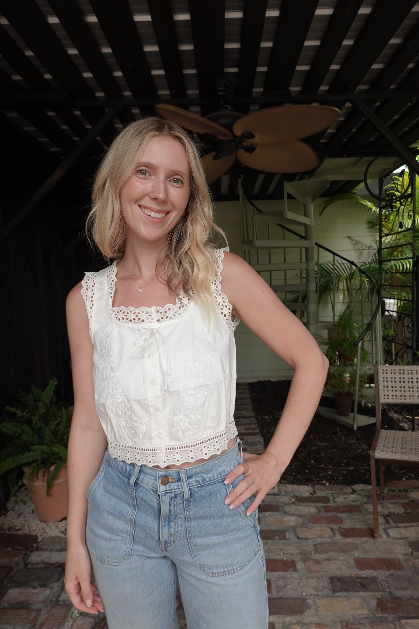 Embroidered Button-Down Sleeveless Top
