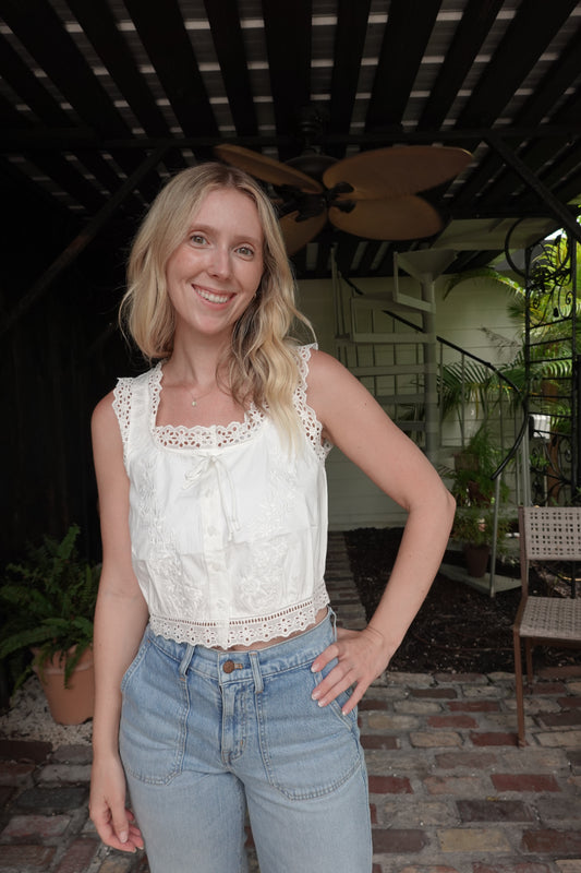 Embroidered Button-Down Sleeveless Top