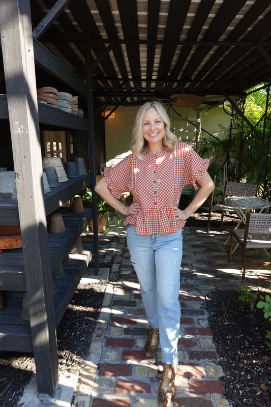 Woven Gingham Ruffle Top