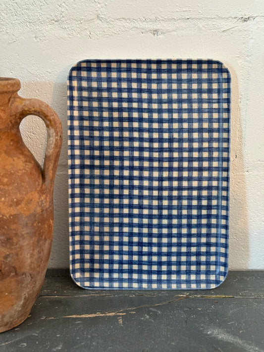 Navy Gingham Linen Tray, 3 Sizes