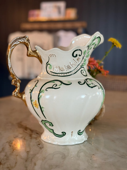 Vintage Emerald and Gold-Detailed Pitcher