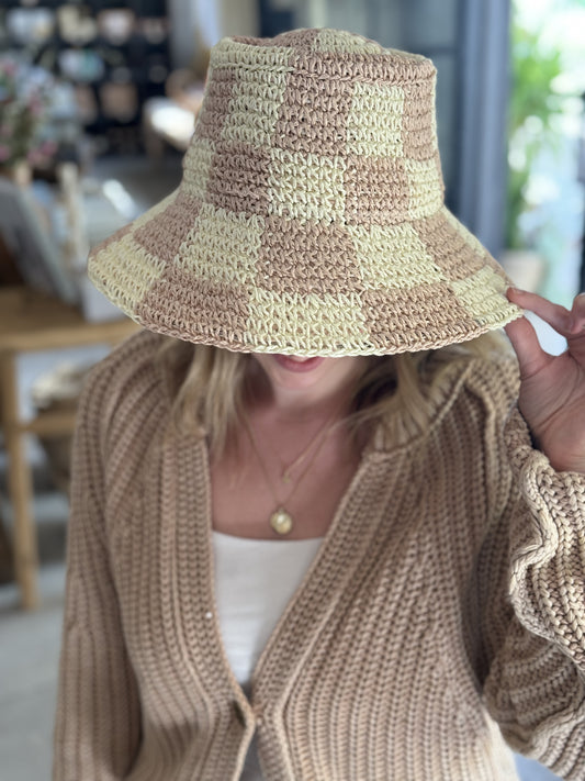 Blush and Ivory Checkered Bucket Hat