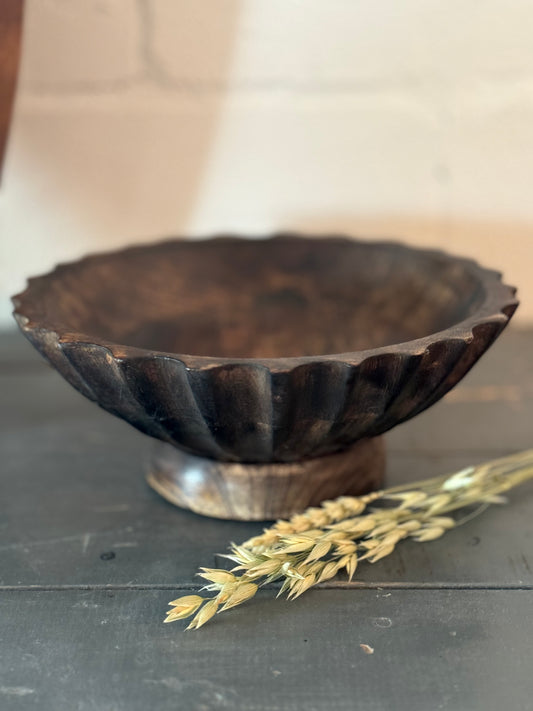 Wood Footed Bowl w/ Scalloped Edge, Burnt Finish