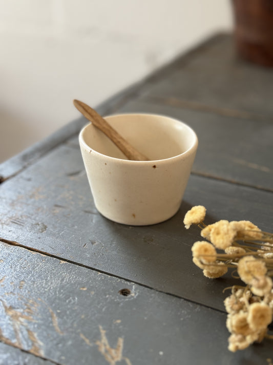 Cream Stoneware Bowl w/ Mango Wood Spoon