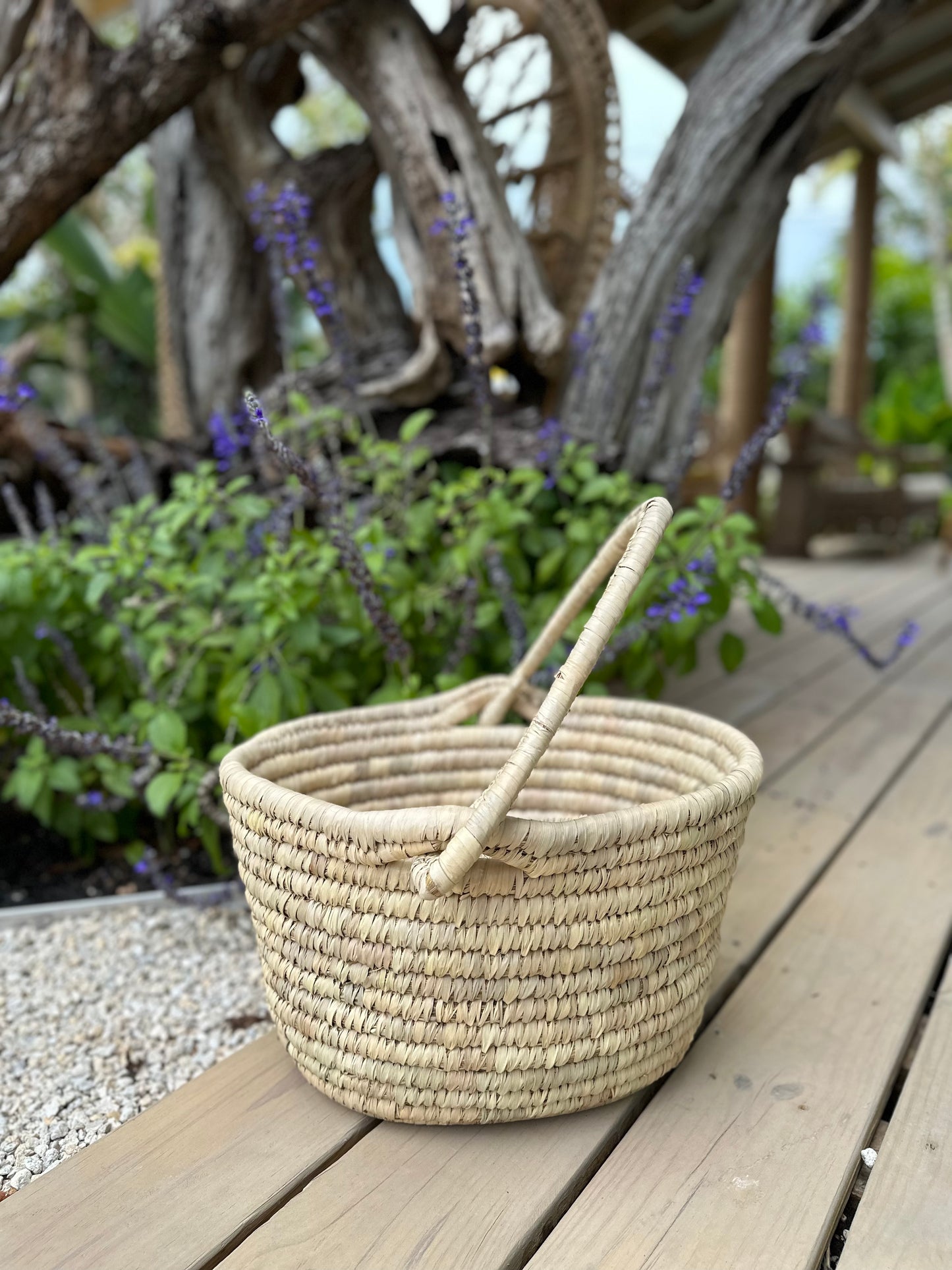 Oval Hand-Woven Grass & Date Leaf Basket with Handle