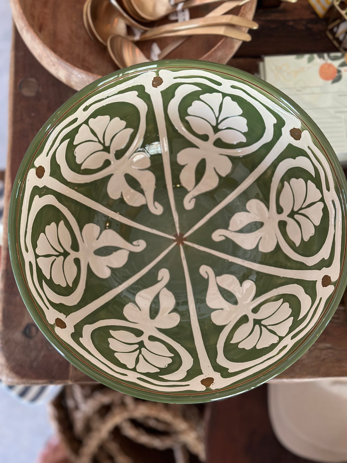 Green Hand-Painted Stoneware Serving Bowl with Pattern