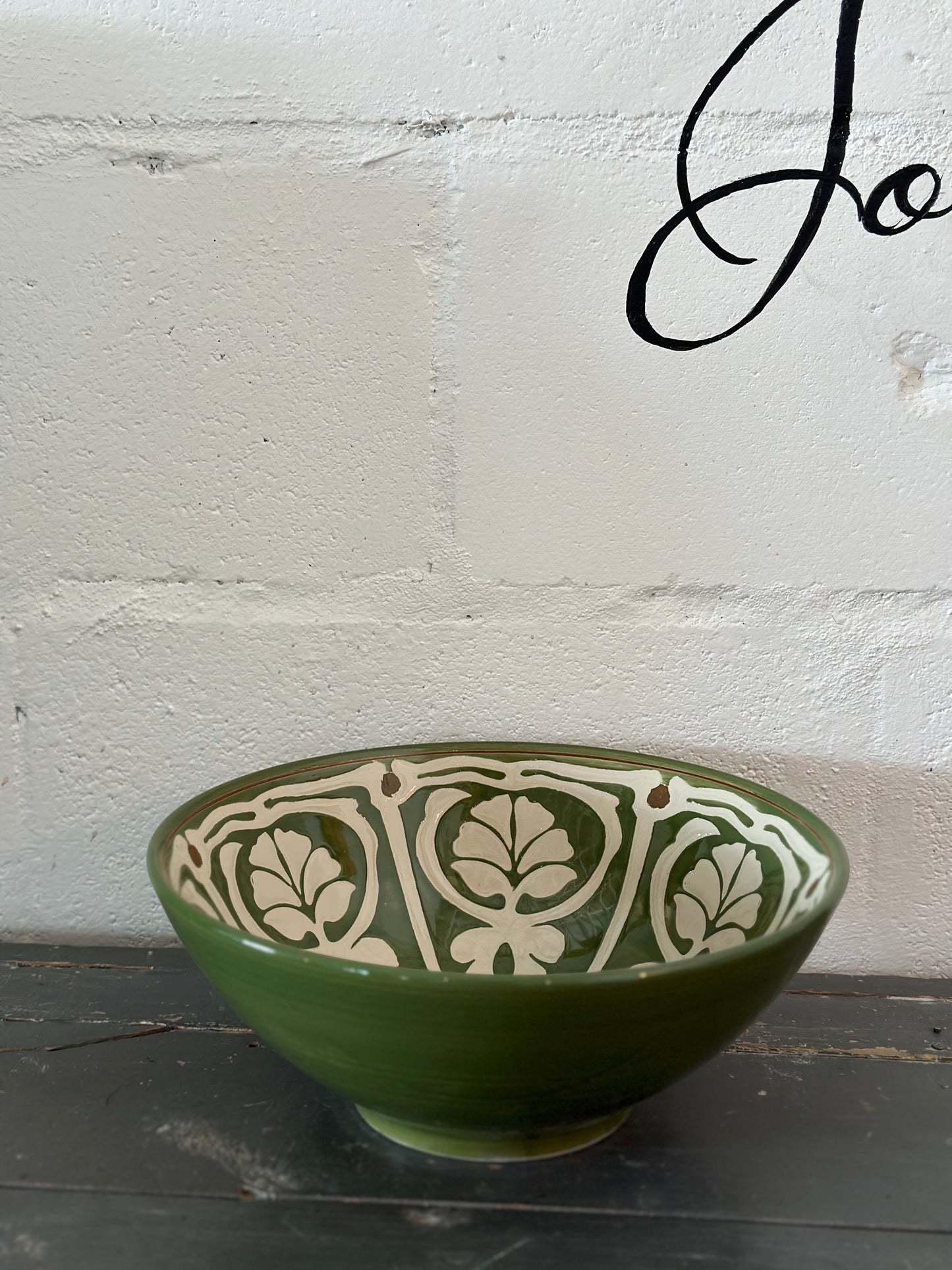 Green Hand-Painted Stoneware Serving Bowl with Pattern