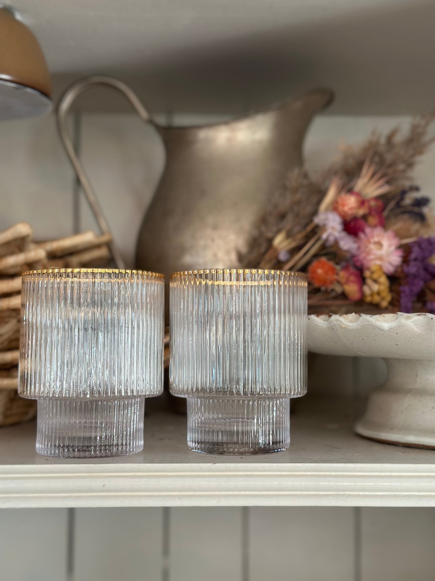 Gold-Rimmed Crystal Lowball Tumblers, Single Glass