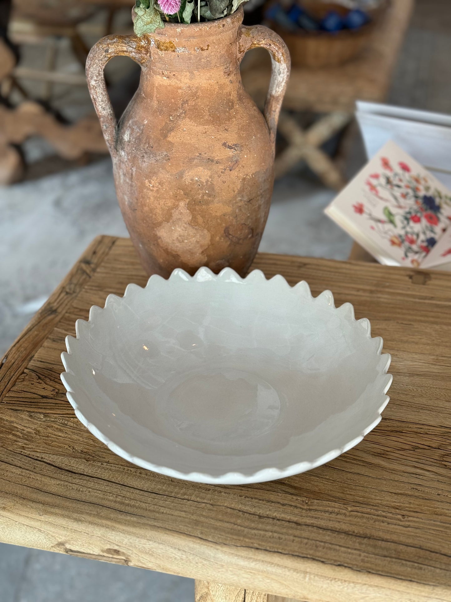 Large White Glazed Scalloped Bowl
