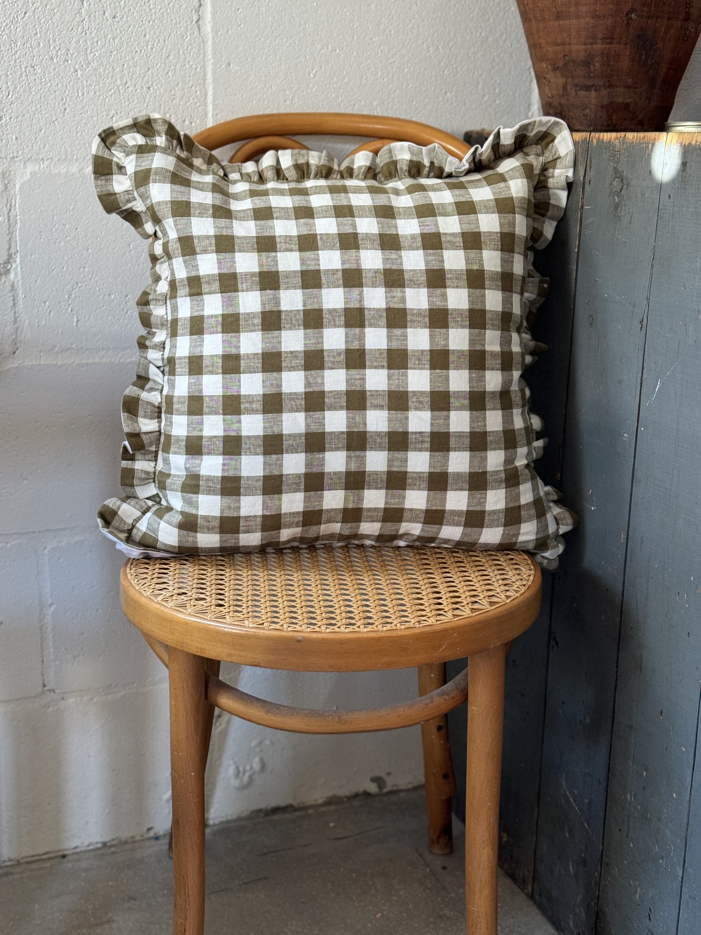 Olive Gingham Ruffle Pillow, 18x18