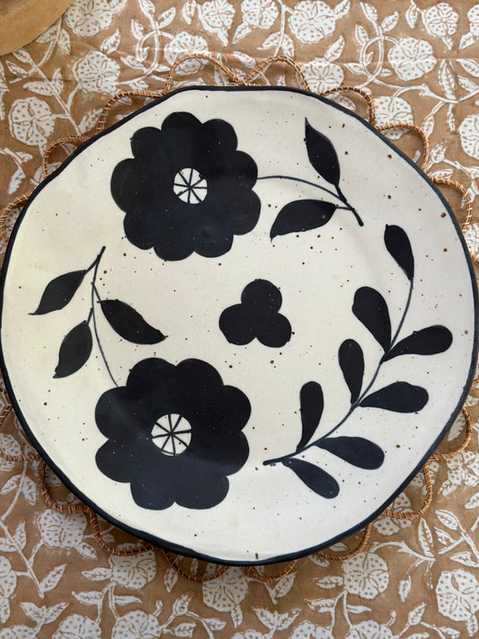 Hand-Painted Matte Black & Cream Colored Stoneware Plate with Floral Design