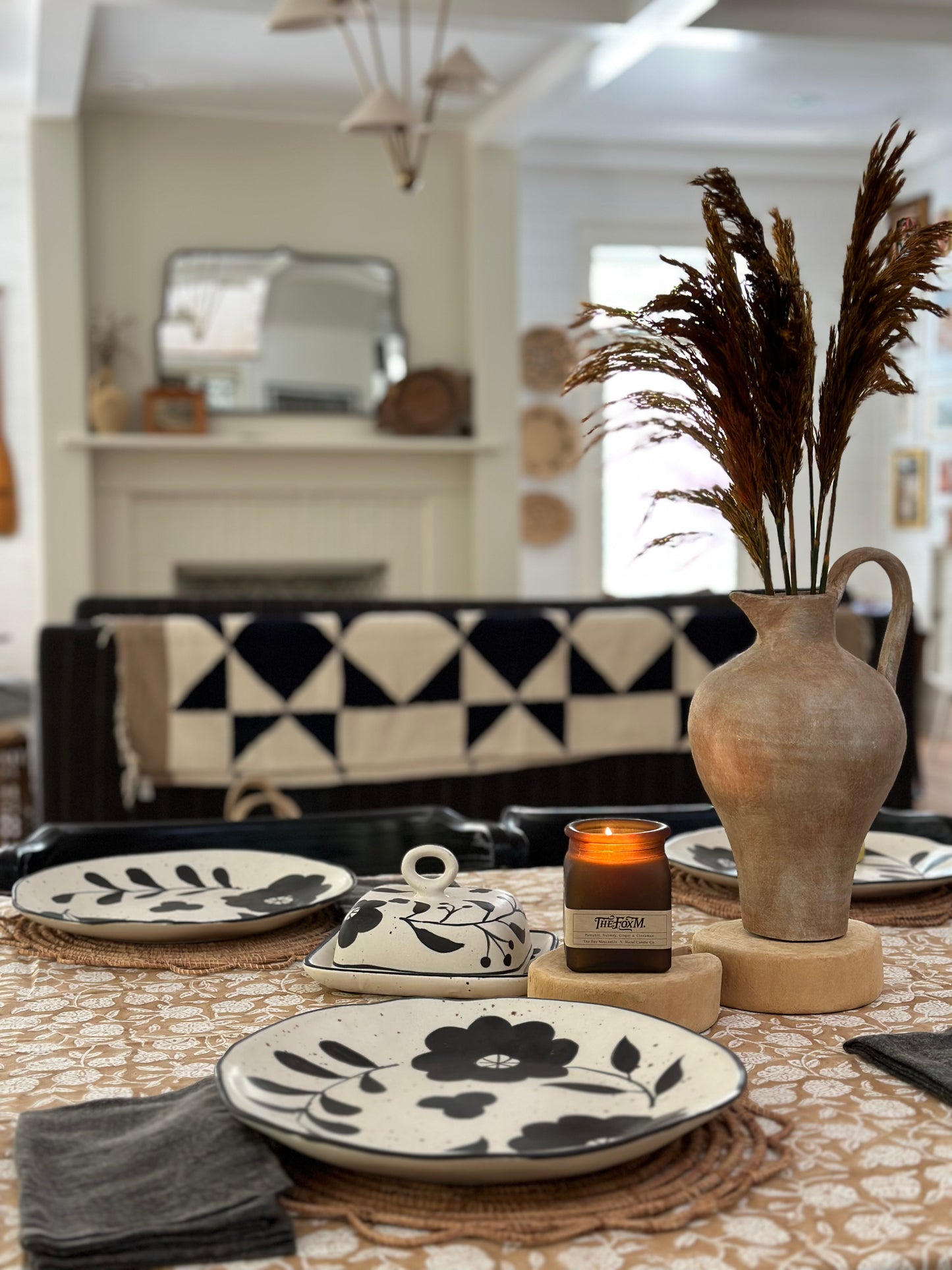 Hand-Painted Matte Black & Cream Colored Stoneware Plate with Floral Design