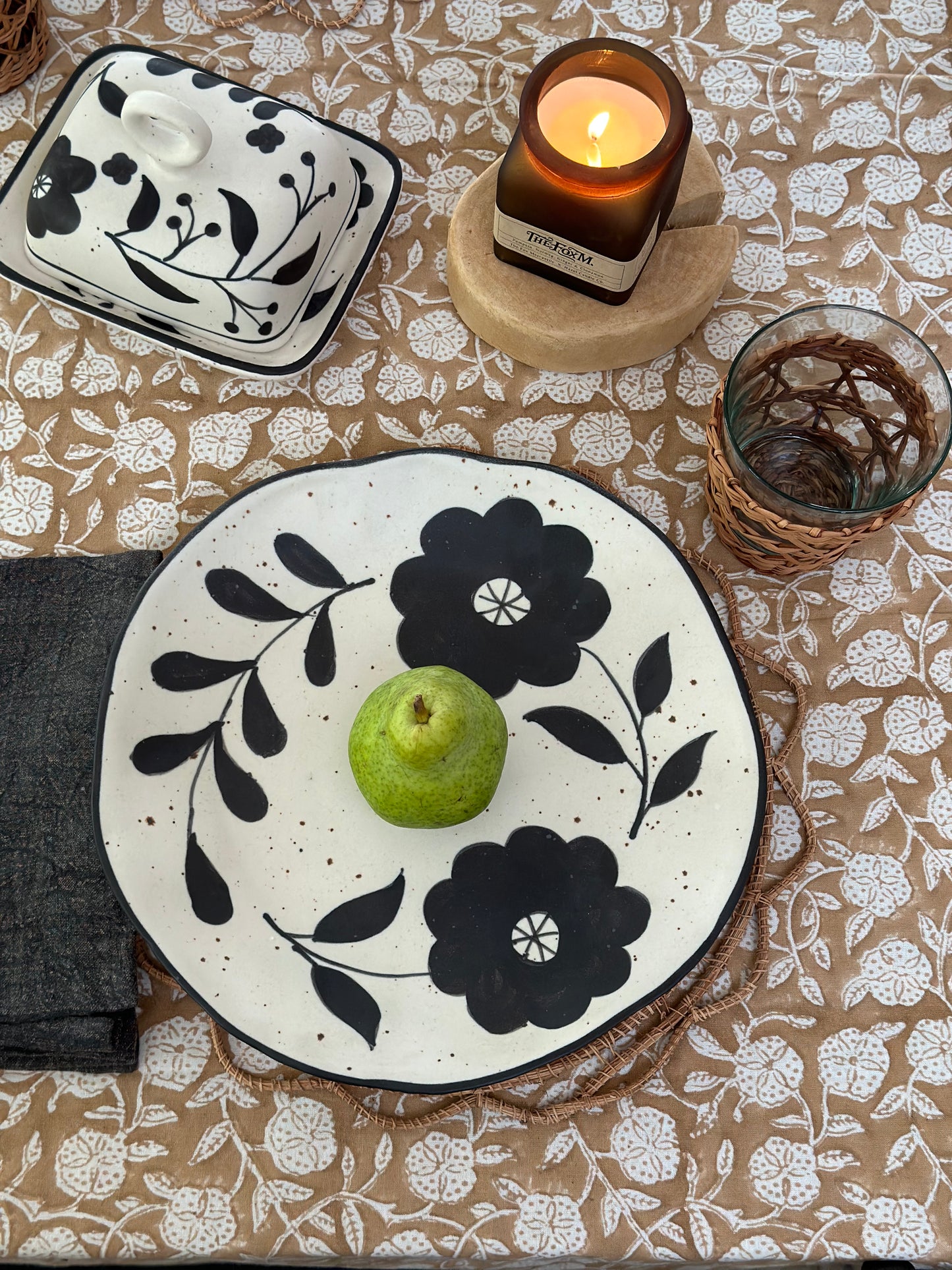 Hand-Painted Matte Black & Cream Colored Stoneware Plate with Floral Design