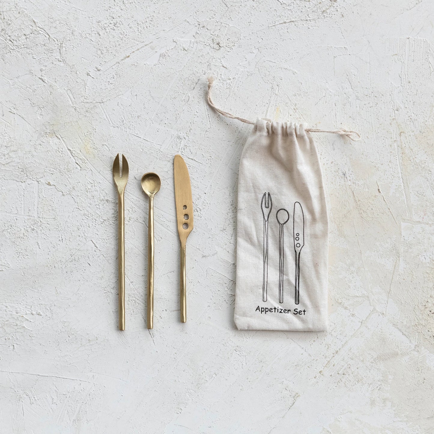 Brass Appetizer Cutlery,Set of 3 in Printed Drawstring Bag