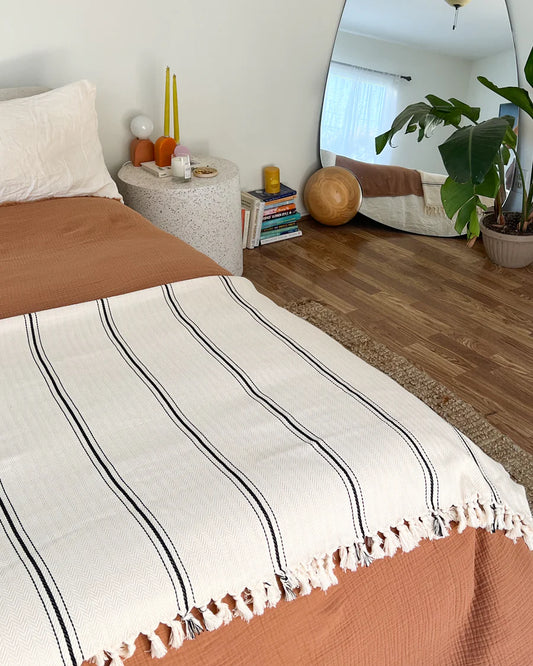 Cream Bedspread with Black Stripes and Tassels