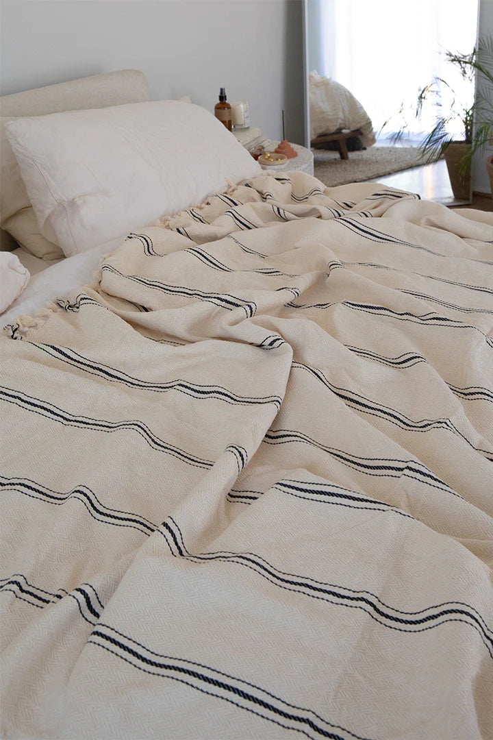 Cream Bedspread with Black Stripes and Tassels