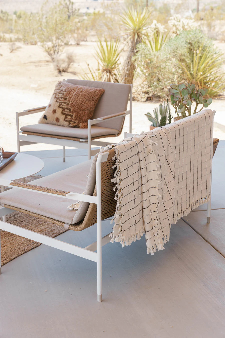 Cream Bedspread with Black Check Print and Tassels