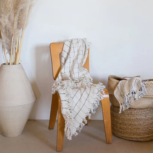 Cream Bedspread with Black Check Print and Tassels