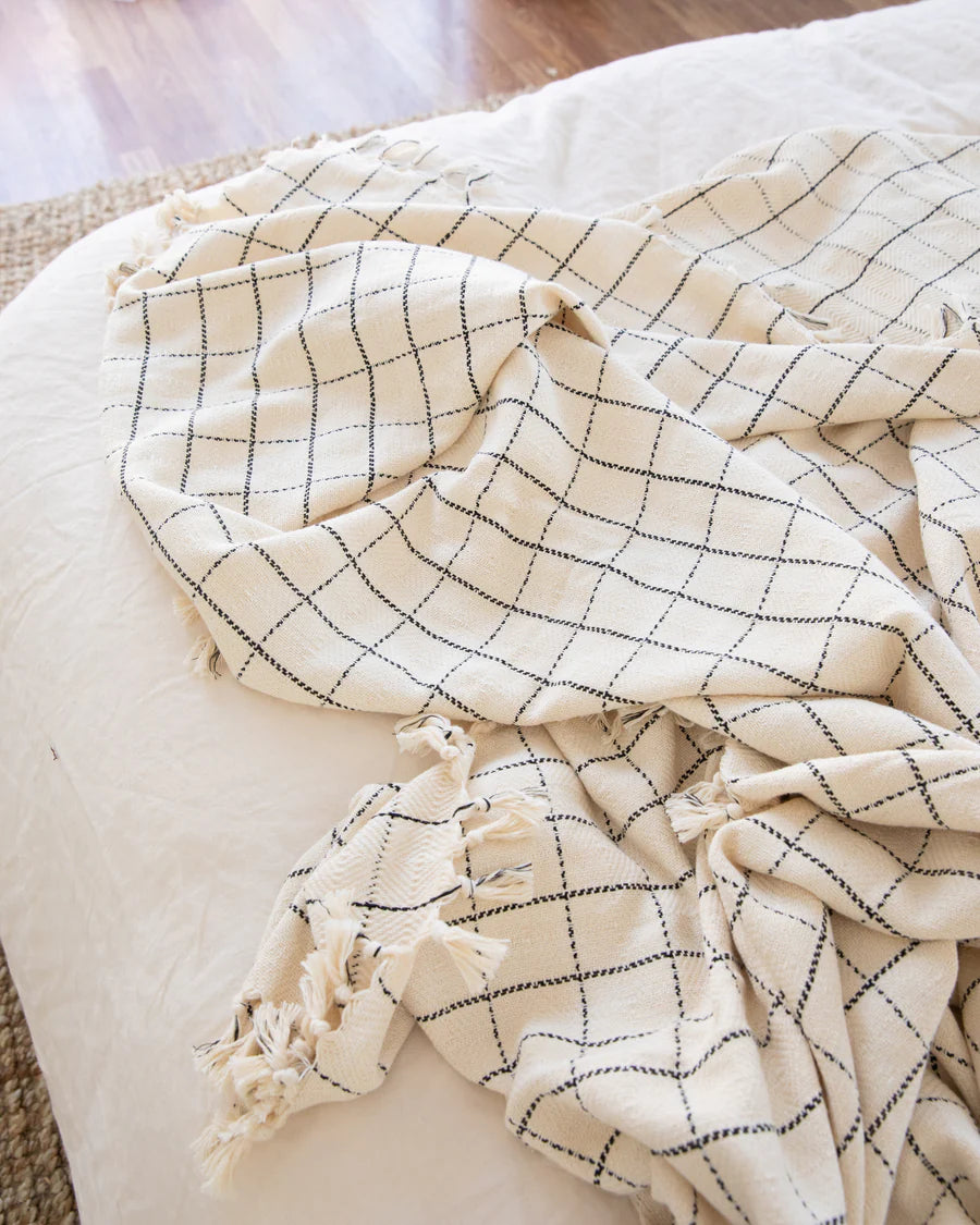 Cream Bedspread with Black Check Print and Tassels