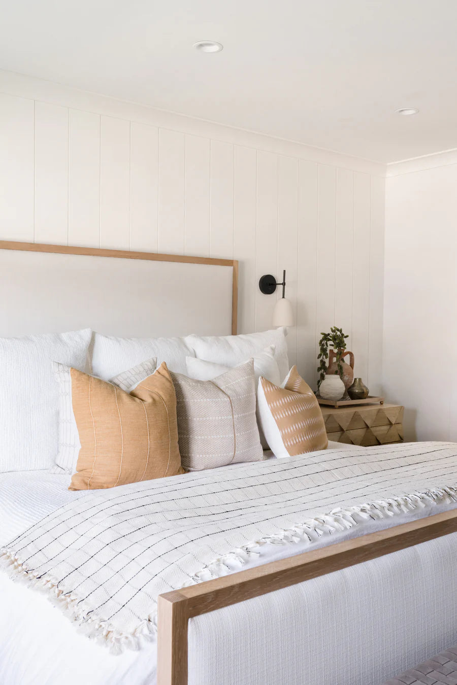 Cream Bedspread with Black Check Print and Tassels